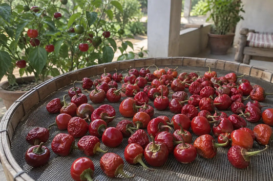 Round red gol mirch drying in a single layer on an airy mesh tray