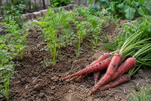 Red gajar beside a loose-soil carrot bed with spaced seedlings