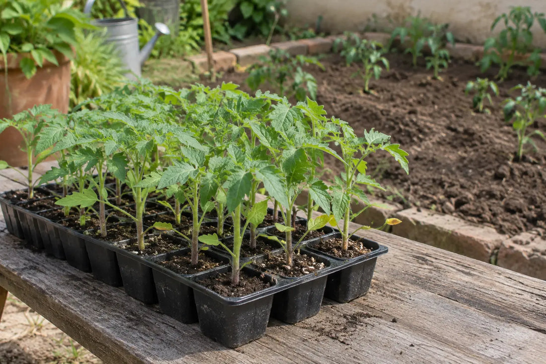 Sturdy tomato seedlings in a nursery cell tray beside a prepared garden bed