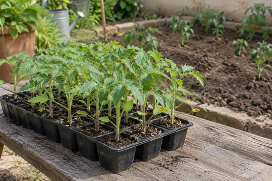 Sturdy tomato seedlings in a nursery cell tray beside a prepared garden bed