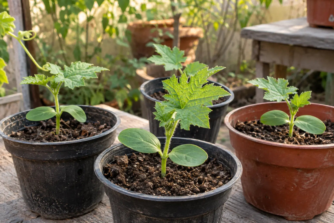 Young karela seedlings with their first lobed leaves in nursery pots